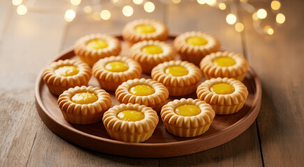 Small round lemon curd tarts arranged on a wooden plate with blurred fairy lights in background