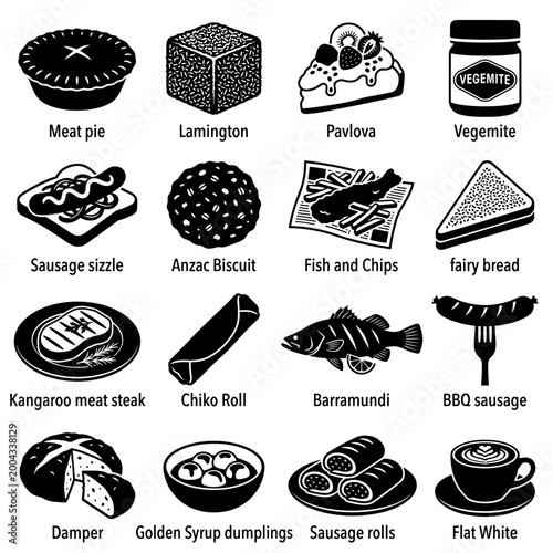 black and white vector silhouette set of australian traditional food