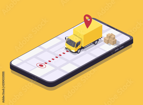 Online delivery service concept. A van in an isometric view, cardboard boxes and a smartphone with a map. Vector illustration.