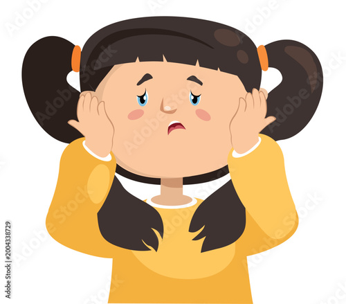 Sad little girl portrait, worried child emotion, cute cartoon vector illustration