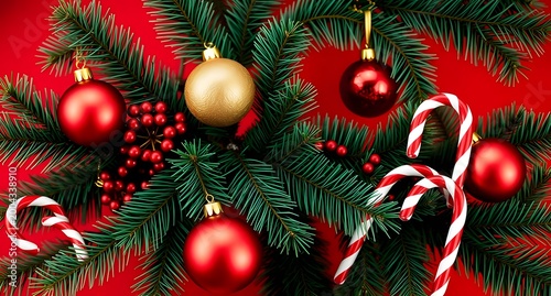 Traditional Christmas-themed background with festive decorations and pine branches on a rich red backdrop for seasonal designs.