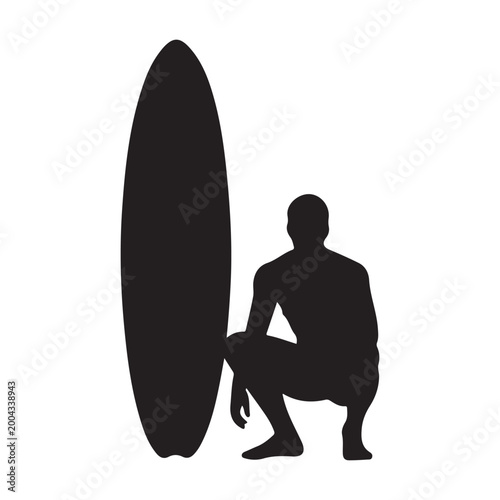 Male surfer in a crouched pose with surfboard silhouette for beach adventure design.
