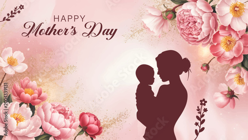 elegant mothers day floral card with mom and baby silhouette, beautiful pink flowers mothers day greeting design, romantic mothers day poster with floral frame and silhouette, soft pastel mothers day 