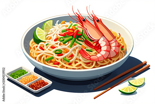 Pad Thai Noodles with Shrimp – Traditional Thai Stir-Fry Dish with Lime and Peanuts Vector Illustration