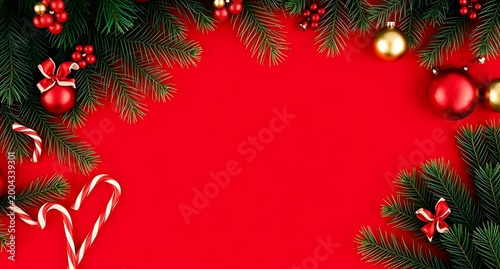 Elegant Christmas background with pine branches, candy canes, and festive ornaments on a bright red backdrop with large copy space for seasonal designs.