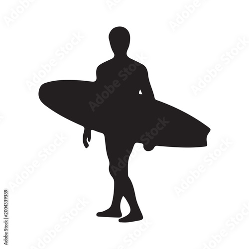 Silhouette of male surfer walking with surfboard isolated on white background.
