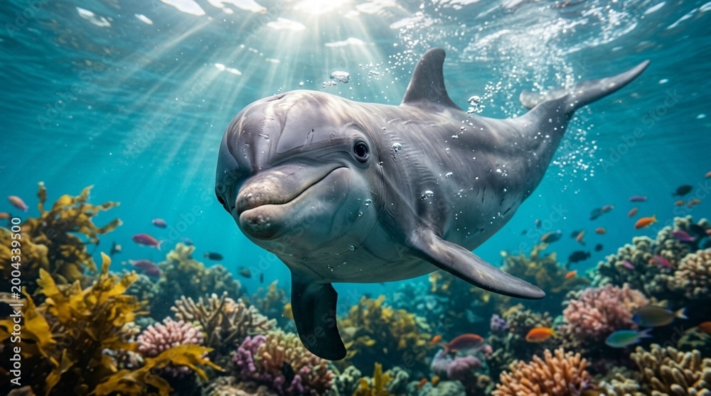 Fototapeta premium Playful Dolphin Swimming in a Vibrant Coral Reef Under Sunlight