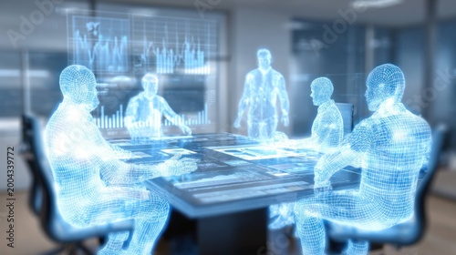Holographic business people sitting around table with digital data and charts for futuristic meeting collaboration and technology in office workspace.