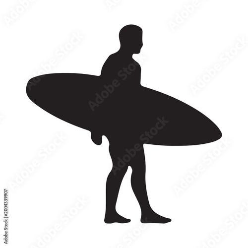 Silhouette of male surfer walking with surfboard isolated on white background.
