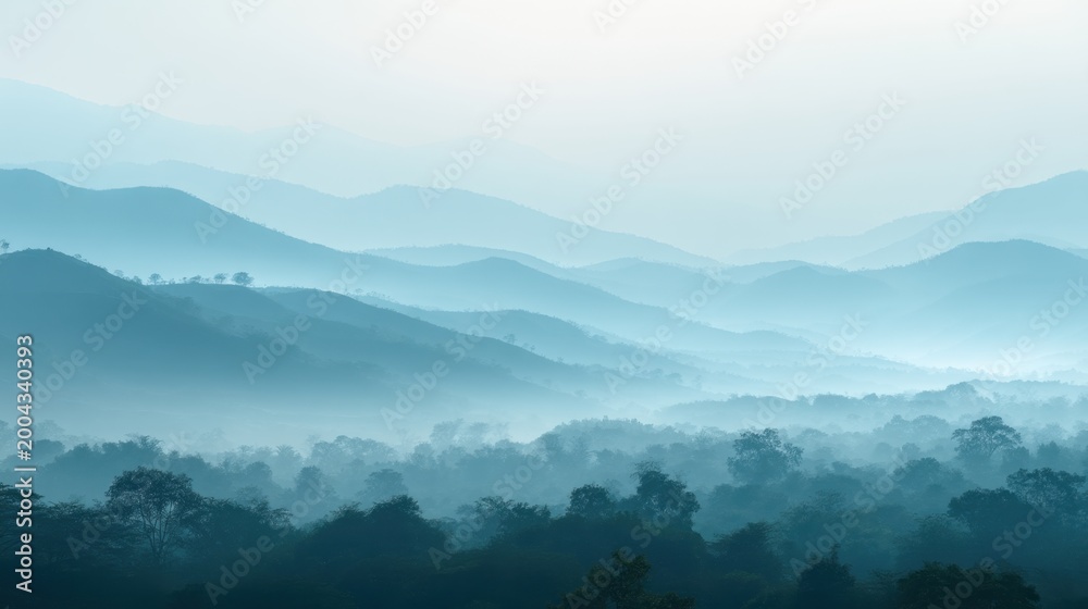 Naklejka premium Layers of blue mountain ranges fading into distant fog at sunrise. Panoramic landscape view of misty hills and forest valleys. Concept of travel, nature, tranquility and wilderness.