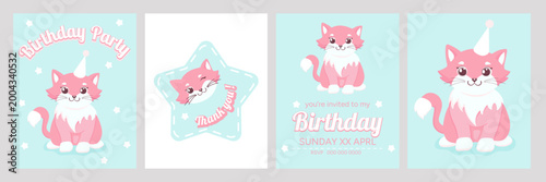 A cute and cheerful illustration of a cat birthday greeting card designed in a festive and playful style. The artwork features a joyful atmosphere with a charming cat in a celebration setting, symboli