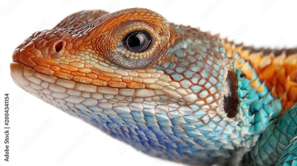 Obraz premium Colorful lizard head portrait with bright scales. Reptile macro photography isolating the eye and texture. Concept of exotic wildlife, biodiversity study and biology education.