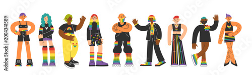 Diverse lgbt characters set with rainbow elements and various skin tones. Diversity, inclusion, equality, community, LGBTQ pride concept border. Queer nonbinary, gay, gender fluid, transgender people.