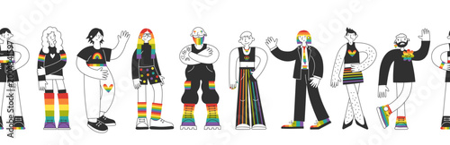 Diverse lgbt characters with rainbow elements seamless border. Diversity, inclusion, equality, community, LGBTQ pride concept. Queer nonbinary, gay, gender fluid, transgender people.
