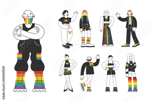 Set of diverse queer people with rainbow elements, different body types, poses. Diversity, inclusion, equality, community and social connection. LGBT pride and inclusive representation.