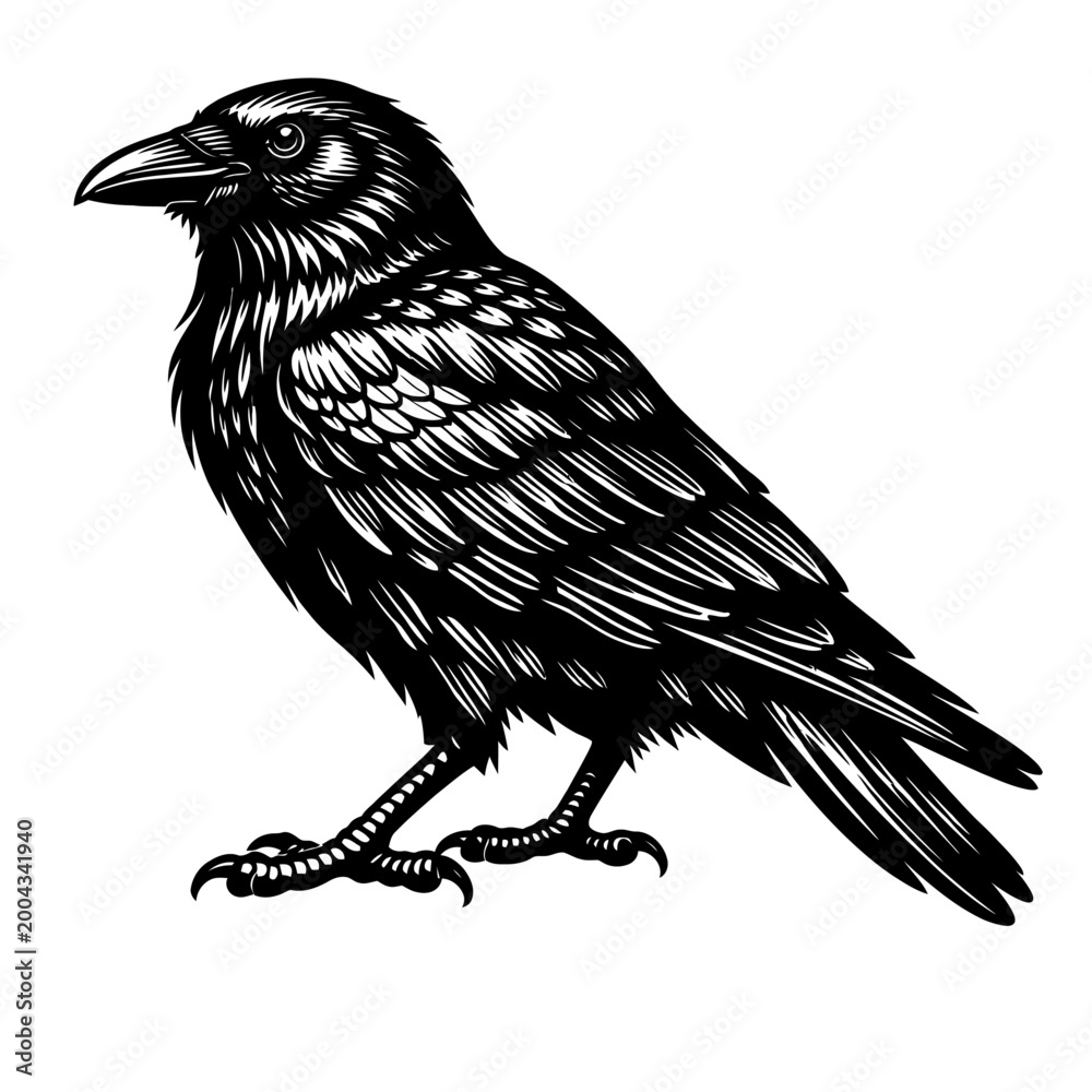 Fototapeta premium Detailed black and white illustration of a crow standing on a surface with sharp claws and feathers