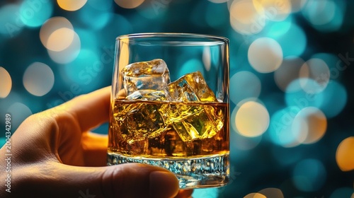 A hand holding a glass of whiskey with ice cubes, set against a bokeh of twinkling lights, evoking a cozy and sophisticated ambiance for bar or evening themes.