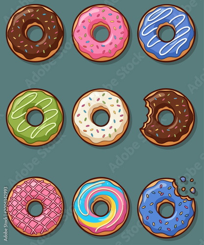 Set of colorful glazed donuts with sprinkles and toppings. Assorted sweet donut collection with chocolate pink and green frosting. Tasty dessert variety pack of cartoon donuts on green background