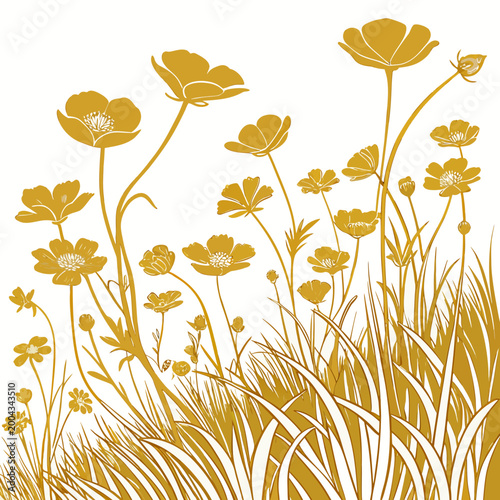 golden floral pattern with wildflowers and grasses on white background