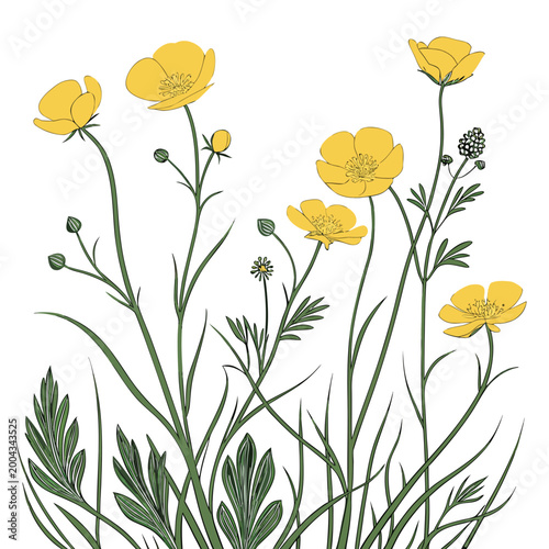 yellow poppy flowers and foliage minimalist botanical illustration on white