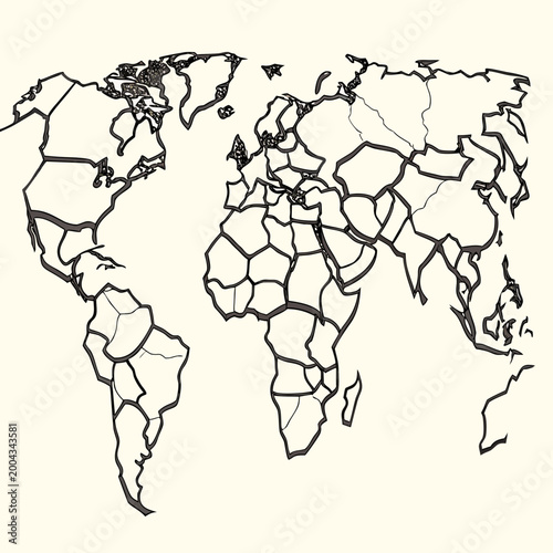 world map sketch with cracked earth texture on white background