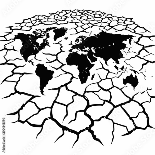 World map with cracked earth texture global drought concept on white background