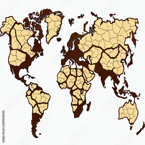 world map illustration with cracked earth texture and brown continents