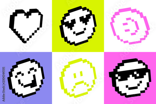 Pixel emoji grid background in retro 8-bit style with expressive faces on colorful blocks. Bright UI pattern for apps, social media, messaging, modern digital interfaces