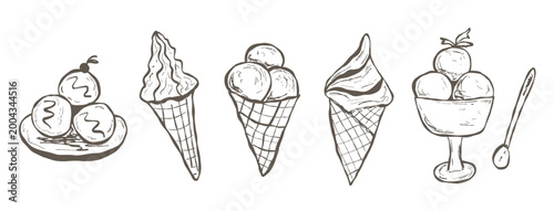 Hand-drawn sketch ice cream clipart set with desserts and cones for restaurant menus, packaging, labels, tags, cards, summer branding, stickers, party decoration