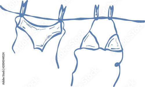 Hand-drawn swimsuit on a clothesline in sketch style with summer beach vibes for vacation decor, posters, stationery, cards, parties, summer projects 