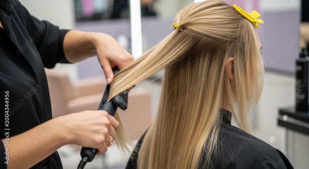 Naklejka premium Hairdresser expertly straightens long blonde hair of female client in a professional salon for a polished hairstyle