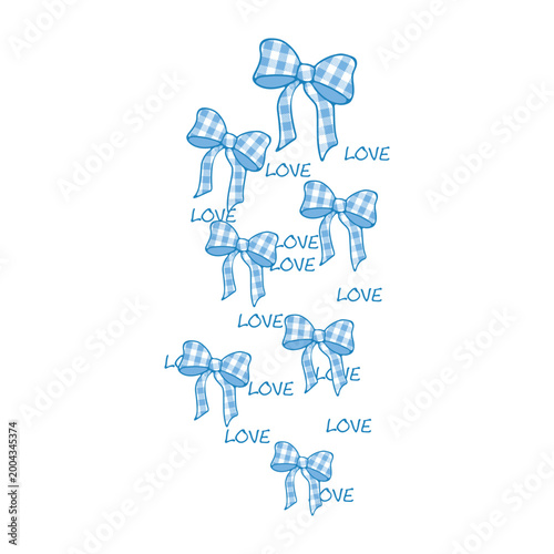 Hand-drawn vector illustration featuring cute light blue gingham checkered ribbon bows and the word love. Perfect for coquette, Y2K fashion, romantic backgrounds, and pastel aesthetic designs.