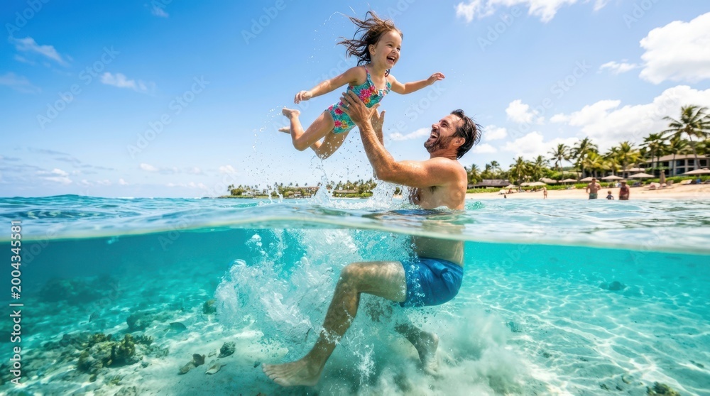 Fototapeta premium Father joyfully throws his daughter in the air while playing in the clear ocean water