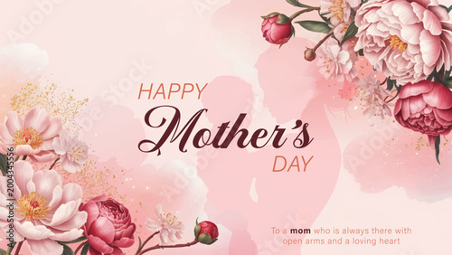 elegant mothers day floral card with mom and baby silhouette, soft pink mothers day design with peony flowers, beautiful mothers day greeting with floral and silhouette art, romantic mothers day poste