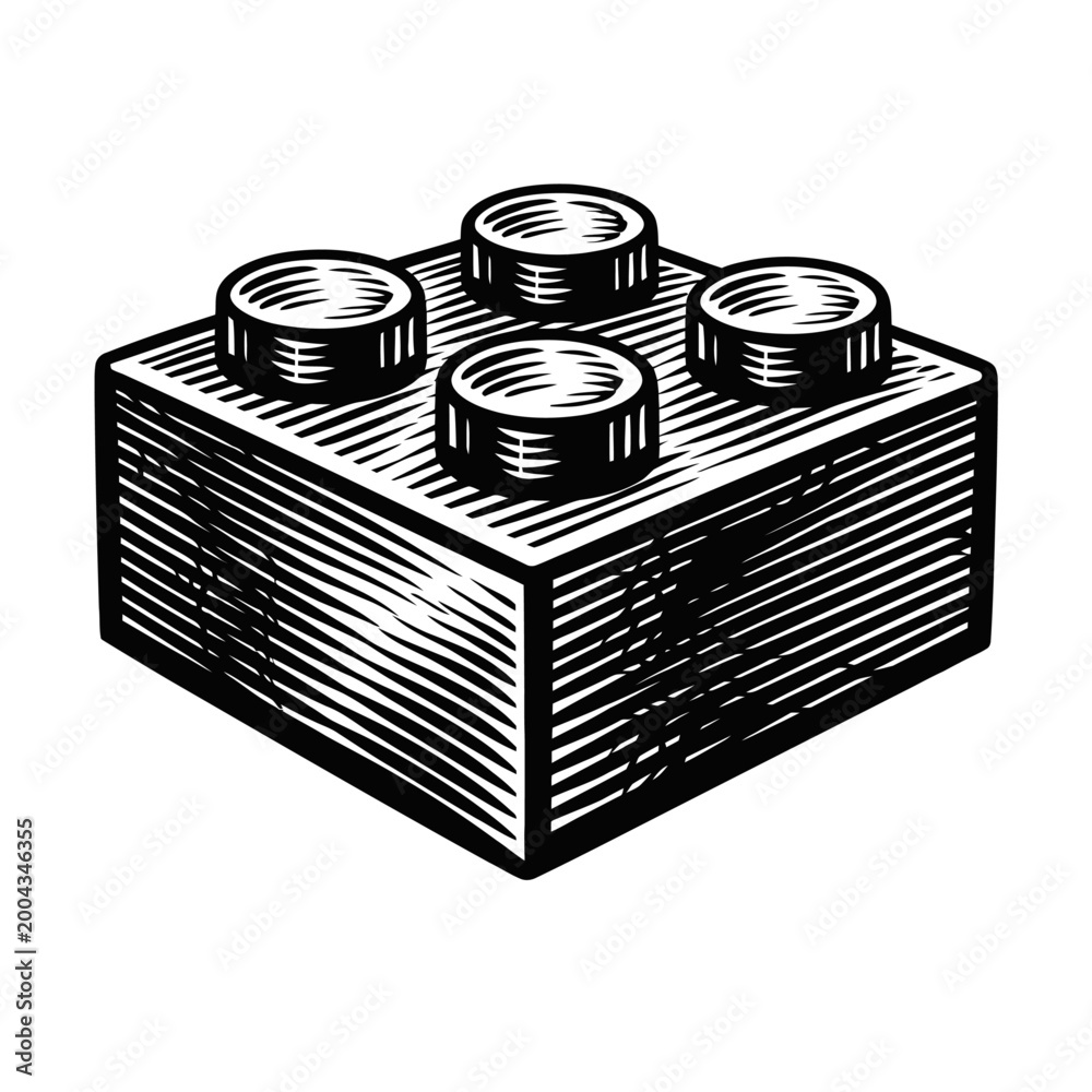 Fototapeta premium Black and white illustration of a single toy building block with four studs on top, isolated on a white background