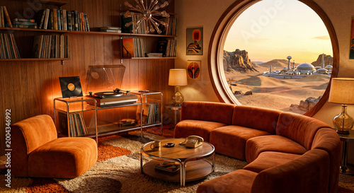 Retro-futuristic living room with velvet furniture and circular window view