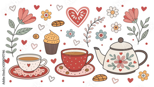 Hand drawn tea time collection with teapot, cups, cupcake, flowers and hearts romantic spring doodle set for greeting cards and scrapbooking