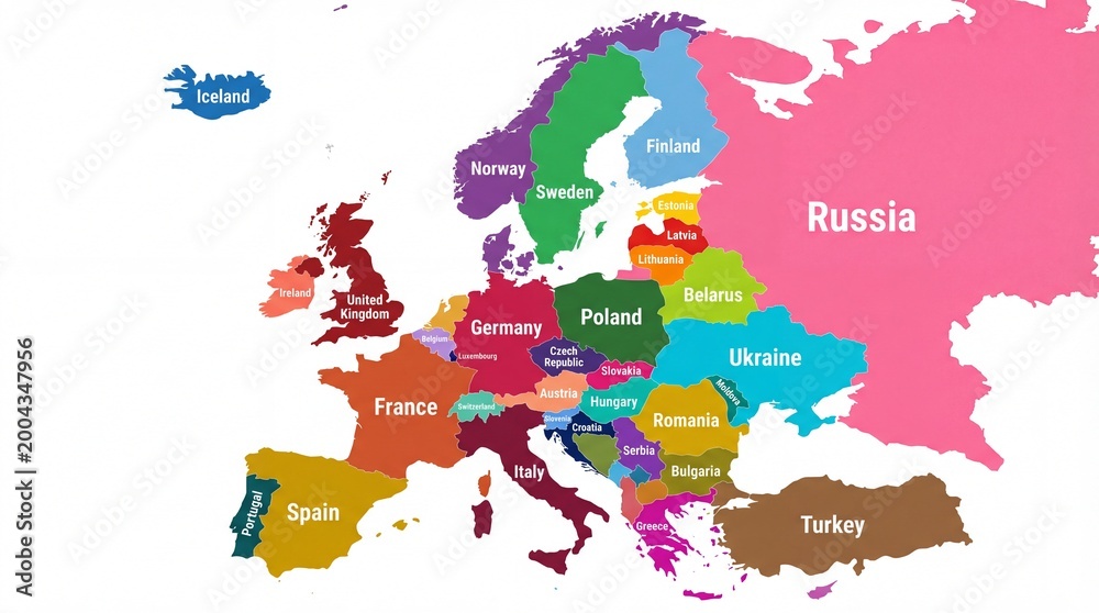 Fototapeta premium Bright Detailed Europe Political Map with Country Names and Borders