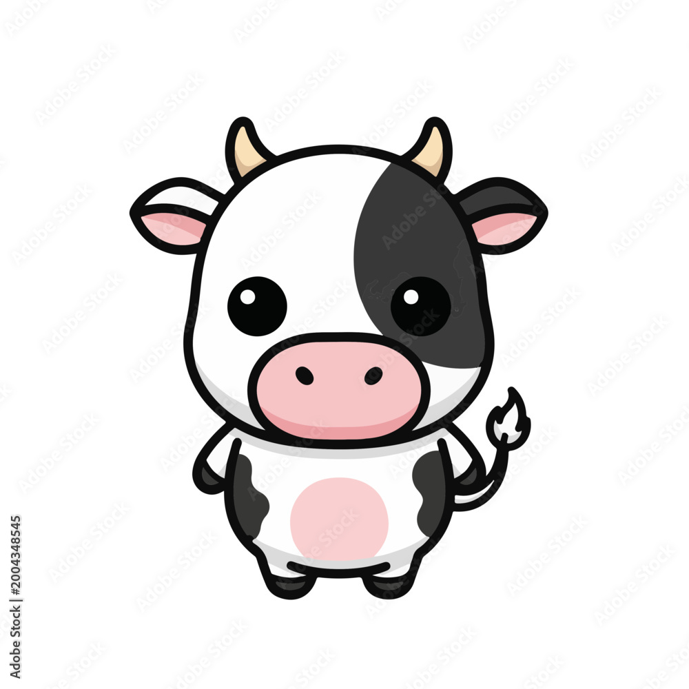 Fototapeta premium Adorable black and white cartoon baby cow illustration, a charming and clean vector graphic with big expressive eyes, perfect for children's designs and farm animal themes