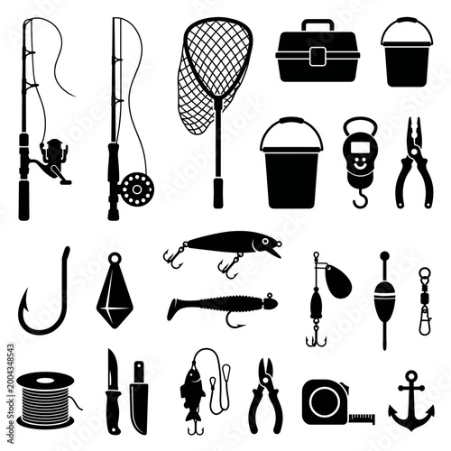 black and white vector silhouette set of fishing tools