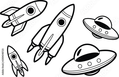Quadro em tela Space rocket icons illustration set, generic vintage spaceships and flying saucer elements for sci fi design and space exploration concepts