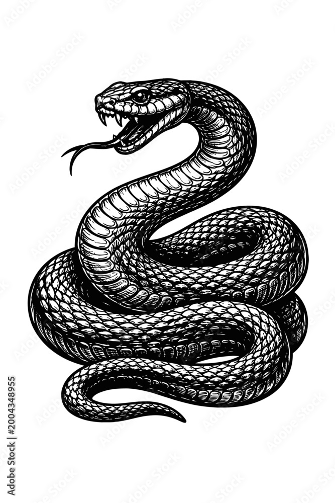 Obraz premium A black and white illustration of a coiled snake with its mouth open, showing sharp fangs, on a plain white background.