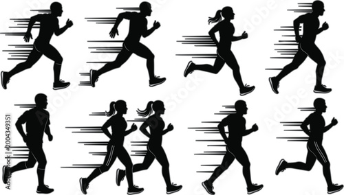 Schilderij op canvas Running Silhouette Set with Men and Women Jogging Sprinting Fitness Activity Spe