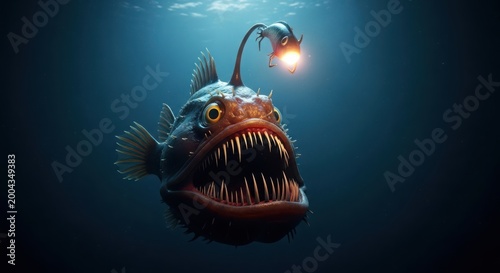 glowing deep sea anglerfish with bioluminescent lure in dark ocean abyss, eerie underwater creature concept