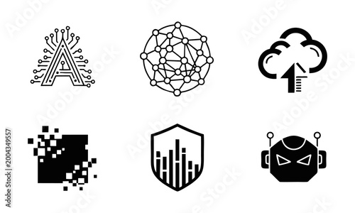 Fotografie Geometric shapes and icons represent technology and data security concepts