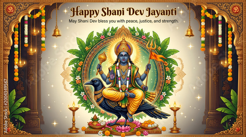 Divine shani dev seated on crow holding trident and mace amidst floral wreath celebrating hindu