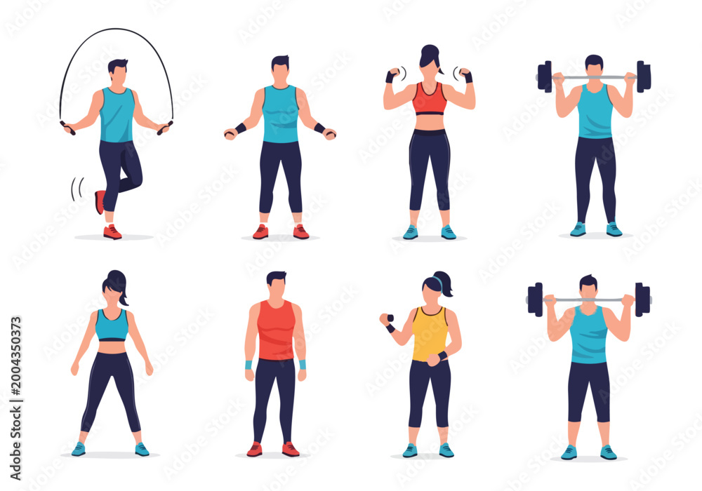 Obraz premium Fitness workout characters. People exercising. Vector illustration. Healthy lifestyle. Sport activity.