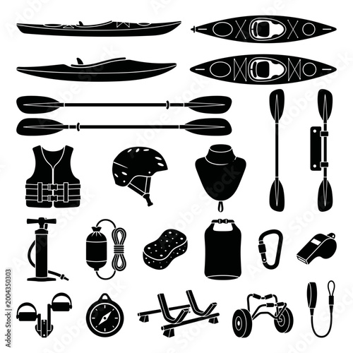 black and white vector silhouette set of kayak tools