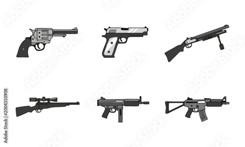 Konstfotografi Several guns and rifles laid out on a table for inspection indoors