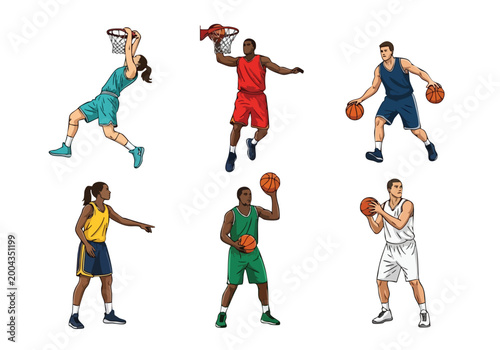 Fotografie Basketball Players Collection, Diverse Athletes, Hand-Drawn Sports Illustration,